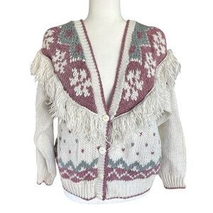 Vintage 80s Cardigan Sweater Fair Isle Fringe Knit Large